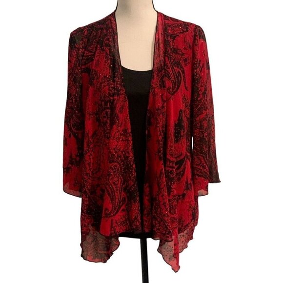 Rebecca Malone Women's Open Waterfall Layered Blouse Size S Long Sleeve Red - Picture 1 of 9